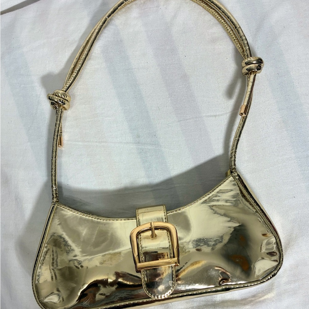 Gold metallic shoulder bag fun for holidays purse shiny faux leather w/ buckle